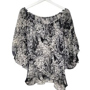EXPRESS Women's XS Boho Floral Batwing Blouse Black White Sheer Festival Top Y2K